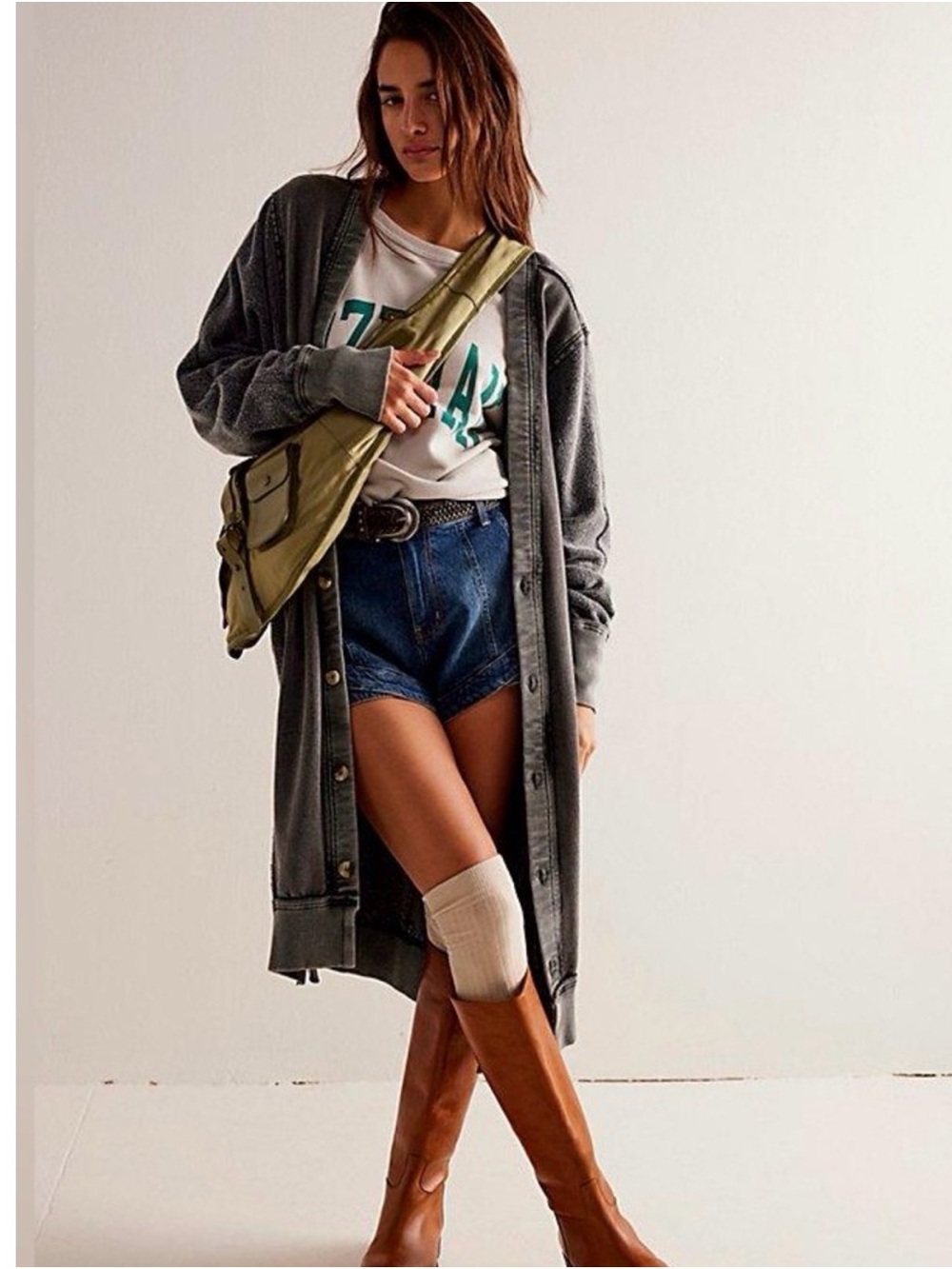 Free People Washed Charcoal Long Button Cardigan